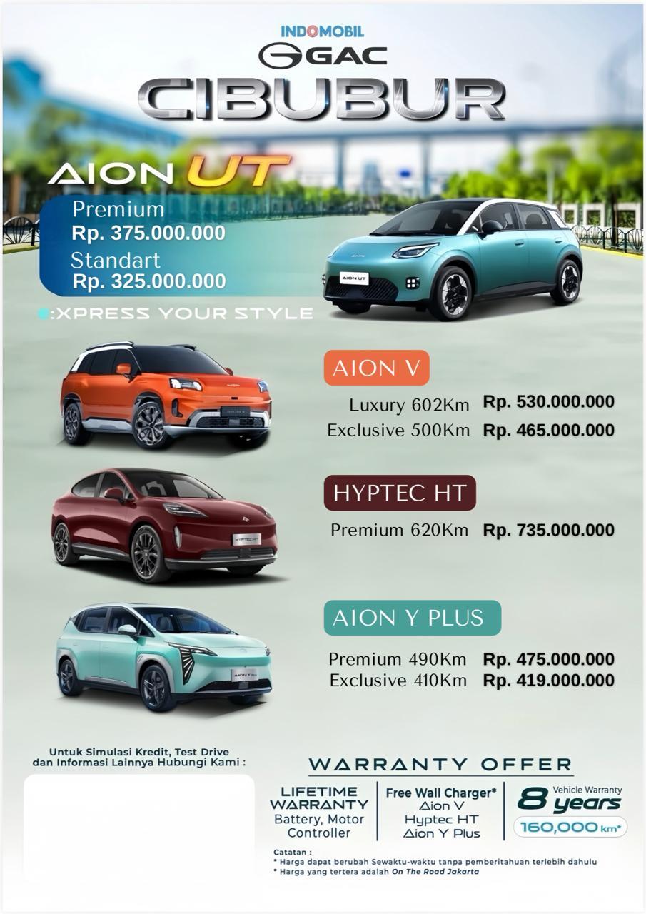 Daftar Harga Mobil AION April 2026 - Promo AION Y Plus, Hyptec HT, AION V, dan AION UT JADETABEK